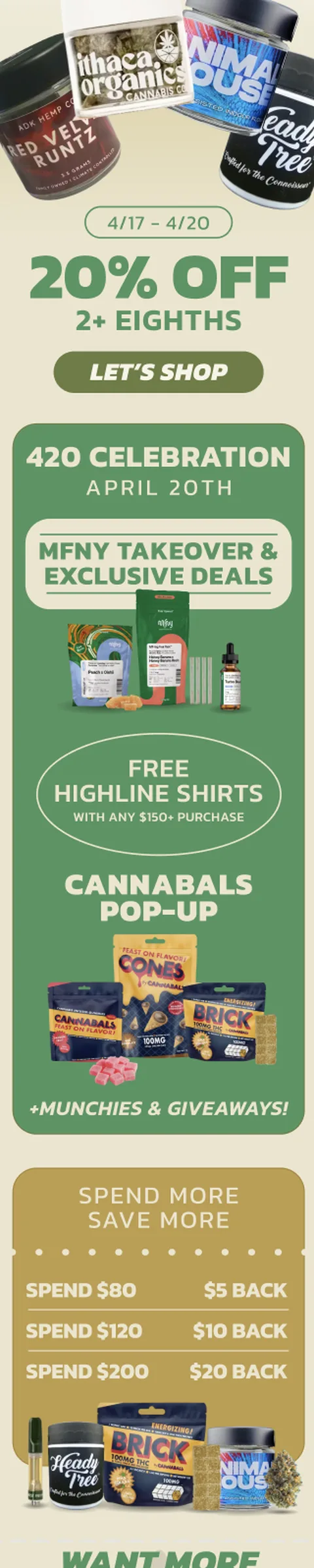 Highline 420 Celebration — gold and green MFNY takeover with Spend More Save More tiers